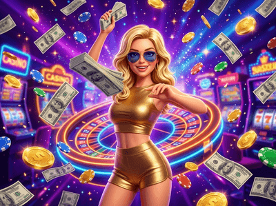 A luxurious gold-themed casino hall with elegant gaming tables